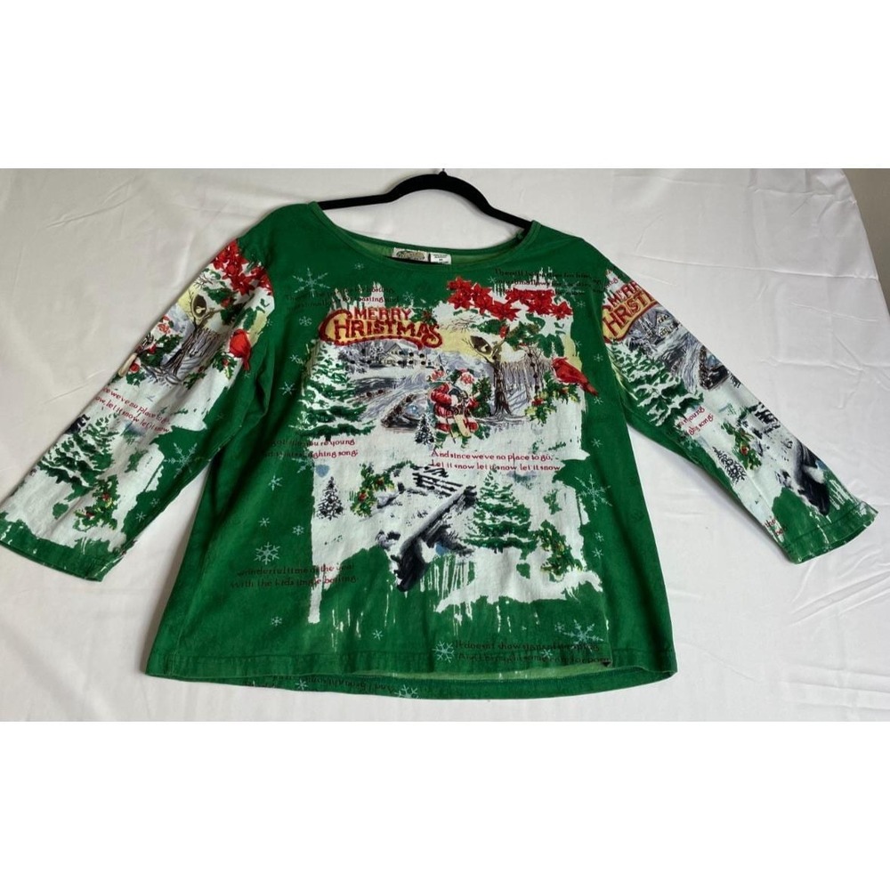 Collections Etc M Christmas Top Green Santa Sequin Poinsettia Holiday Shirt